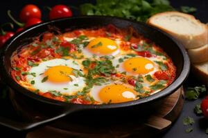 ai genererad shakshuka i en fräsning panorera på en svart bakgrund. foto