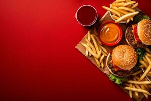 ai genererad hemlagad hamburgare med färsk grönsaker och franska frites på mörk bakgrund foto