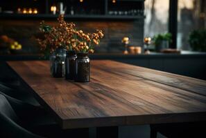 ai genererad trä- dining tabell i en modern kök foto