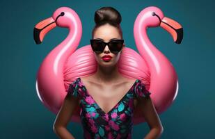 ai genererad kvinna med solglasögon innehar rosa uppblåsbar foto