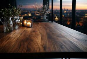ai genererad trä- dining tabell i en modern kök foto