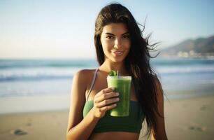 ai genererad kvinna innehav grön smoothie på strand foto