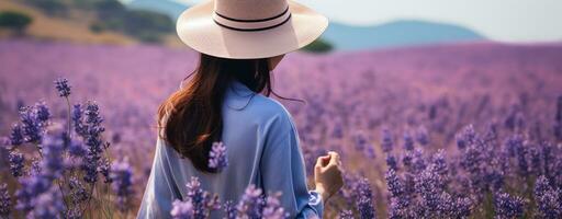 ai genererad kvinna i hatt i en fält av lavendel- foto