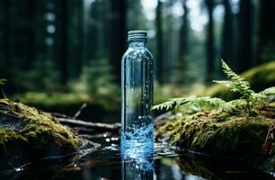 ai genererad ren vatten flaska med vatten faller på den i naturlig miljö foto