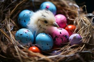 ai genererad ett fågel vilar i en bo med två vit ägg och fjädrar foto