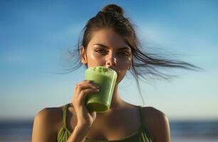 ai genererad flicka dricka en grön juice på de strand foto