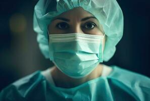 ai genererad kvinna kirurg med kirurgisk mask foto
