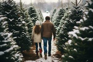 ai genererad familj gående genom de jul träd bruka på en snöig dag foto