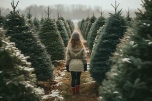 ai genererad flicka i en vit täcka och röd stövlar promenader genom de jul träd odla. foto