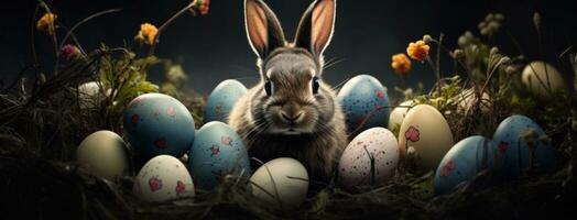 ai genererad påsk kanin i gräs med färgrik ägg foto