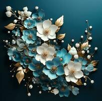 ai genererad ett påsk blommor dekorativ ram med en blå bakgrund foto