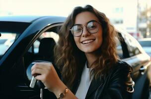 ai genererad en ung kvinna som visar henne nycklar medan körning en bil foto