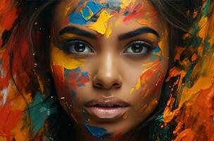 ai genererad ett etnisk kvinna i färgrik kosmetika foto
