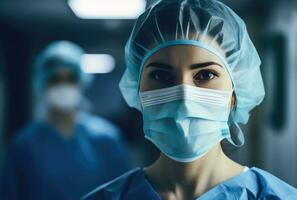 ai genererad en kvinna kirurg bär en blå ansikte mask, foto