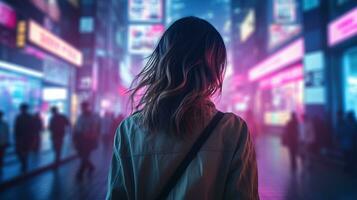 ai genererad generativ ai, skön flicka på natt av de neon gata av Japan, cyberpunk stil foto