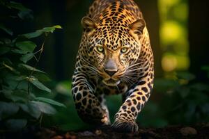 ai genererad ensam leopard gående och jakt i natur under dagtid foto