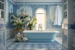 ai genererad modern vit badkar och skön grön krukväxter i badrum. foto