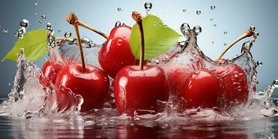 ai genererad färsk mogen körsbär med stänk effekt, saftig och gott frukt, friska mat foto