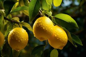 ai genererad citroner växande i en solig trädgård på en kust, estetisk se foto