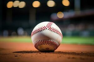 ai genererad sport stadion med baseboll boll på natt bakgrund för bakgrund annons foto