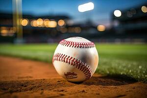 ai genererad sport stadion med baseboll boll på natt bakgrund för bakgrund annons foto