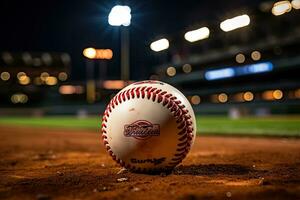 ai genererad sport stadion med baseboll boll på natt bakgrund för bakgrund annons foto