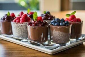 ai genererad choklad chia pudding med bär på topp i en glas burk på en trä- bakgrund. generativ ai foto