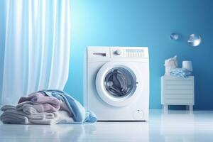 ai genererad modern tvättning maskin i tvätt rum med kläder. generativ ai foto