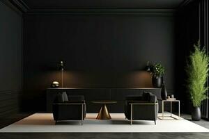 ai genererad modern levande rum interiör i mörk färger. design med fåtölj och guld dekoration. generativ ai foto