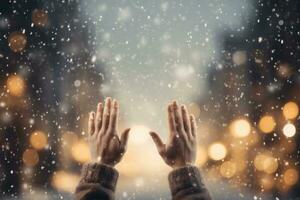 ai genererad händer av en ung kvinna i en värma Tröja på de bakgrund av en vinter- stad. foto