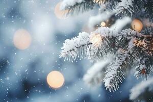 ai genererad jul bakgrund med gran grenar täckt med snö och bokeh lampor foto