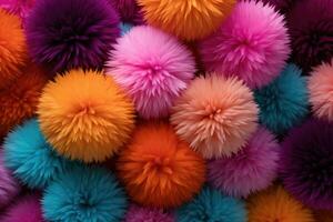 ai genererad färgrik fluffig pompoms bakgrund. topp se, platt lägga, abstrakt bakgrund med färgrik pompoms, ai genererad foto