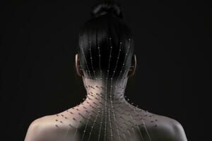 ai genererad kvinna kropp med svart rader på mörk bakgrund, närbild. plast kirurgi begrepp, akupunktur nålar i kvinnors tillbaka, ai genererad foto