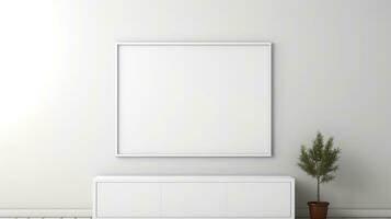 ai genererad vit ram med tom främre, realistisk på en attrapp mall i en vit minimalistisk vägg foto