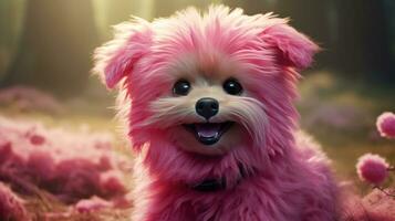 ai genererad de liten suddig rosa hund är leende upp på du foto