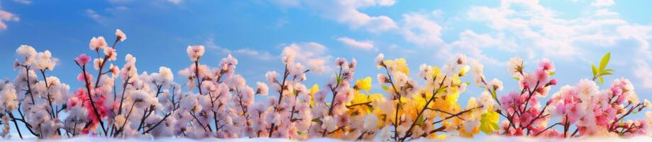 ai genererad vår med blommor blå himmel, foto