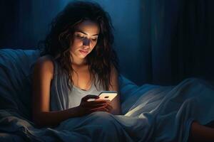 ai genererad ung kvinna i säng använder sig av mobil telefon på natt. stänga upp, en kvinnas slåss mot sömnlöshet och social media missbruk utvecklas i de mjuk glöd av henne telefon, ai genererad foto