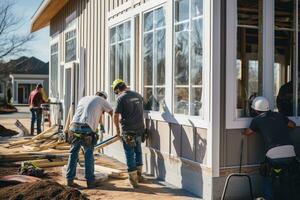 ai genererad konstruktion arbetare är byggnad en hus på en ny bostads- utveckling projekt, en team av arbetare montera fönster och dörrar i en ny hus, ai genererad foto