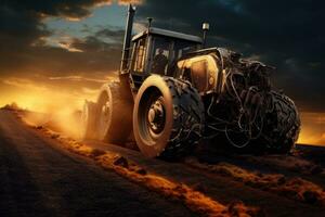 ai genererad traktor på de väg i de kväll. 3d illustration, en väg vält Arbetar på de väg, ai genererad foto