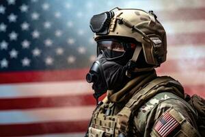 ai genererad porträtt av soldat med ansikte mask mot amerikan flagga i bakgrund, en soldat bär en modern hjälm och Utrustning, sida se, amerikan flagga i de bakgrund, ai genererad foto