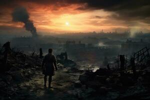 ai genererad silhuett av en man stående i de mitten av en brinnande stad, en soldat marscherande mot ett apokalyptisk förstörd landskap, ai genererad foto