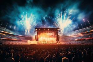 ai genererad konsert folkmassan i främre av en stor skede med fyrverkeri i de natt, en leva händelse, sådan som en konsert eller halvtid show, tar plats på en sporter stadion, ai genererad foto