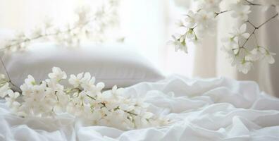ai genererad bild av en säng med vit filtar, foto
