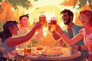 ai genererad Lycklig vänner har fest i höst skog. tecknad serie vektor illustration av ung män och kvinnor klirr glasögon av öl, en grupp av vänner toasting med öl på en sommar grilla foto