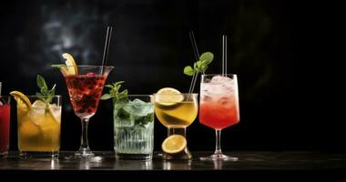 ai genererad en olika array av klassisk cocktails presenteras på en sofistikerad mörk bakgrund foto