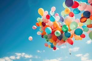 ai genererad färgrik ballonger flygande i de blå himmel. årgång filtrera effekt, en färgrik knippa av ballonger flytande i de luft, ai genererad foto