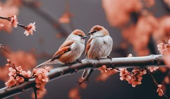 ai genererad fåglar på de gren mot körsbär blomma blommar, foto