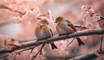 ai genererad fåglar på de gren mot körsbär blomma blommar, foto