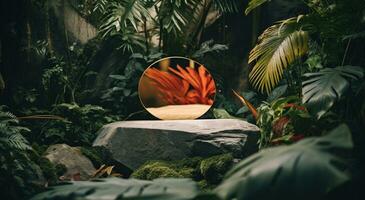 ai genererad ett abstrakt sten på en tabell omgiven förbi tropisk växter, foto