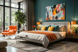 ai genererad sovrum utsöndrar årgång mysighet, retroinspirerad möbel och nostalgisk dekor. Färg toner och mönster påminner av de 60s och 70s foto